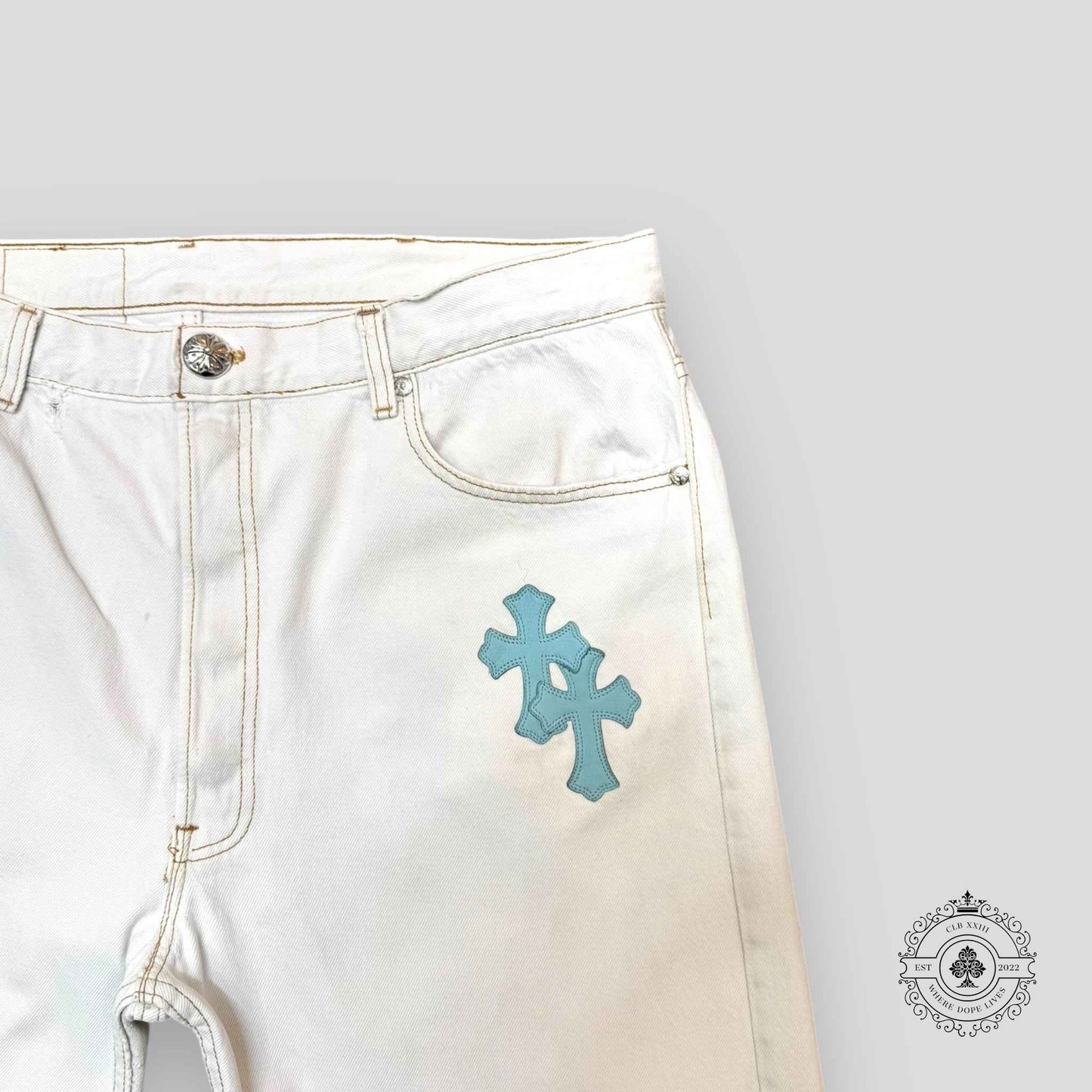 Chrome Hearts Cross Patch Jeans in White / Blue