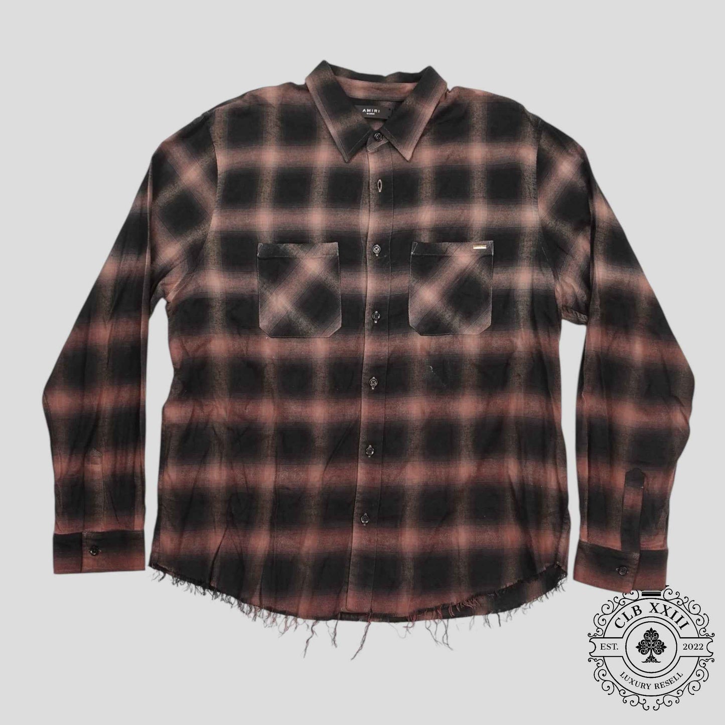 Amiri Distressed Plaid Button Up in Brown