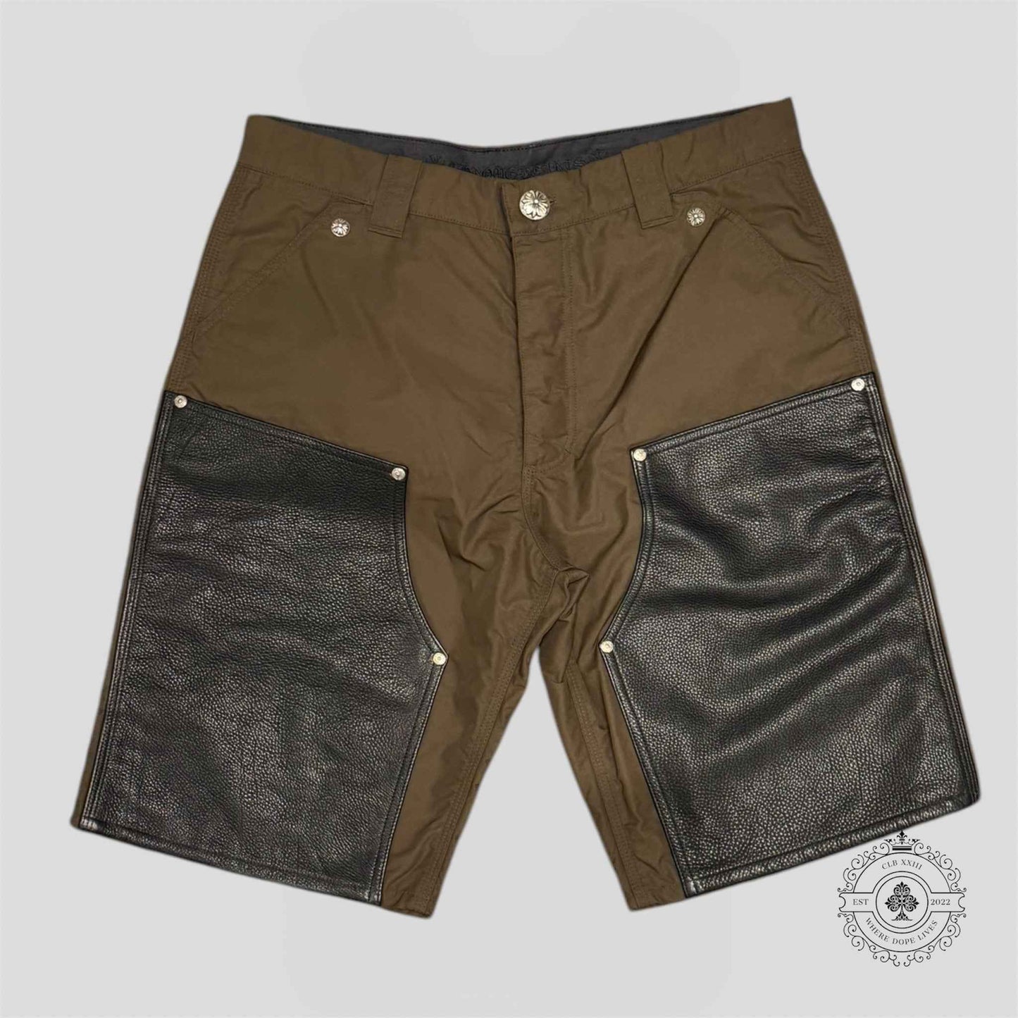 Chrome Hearts Leather Knee Nylon Shorts in Brown / Pink