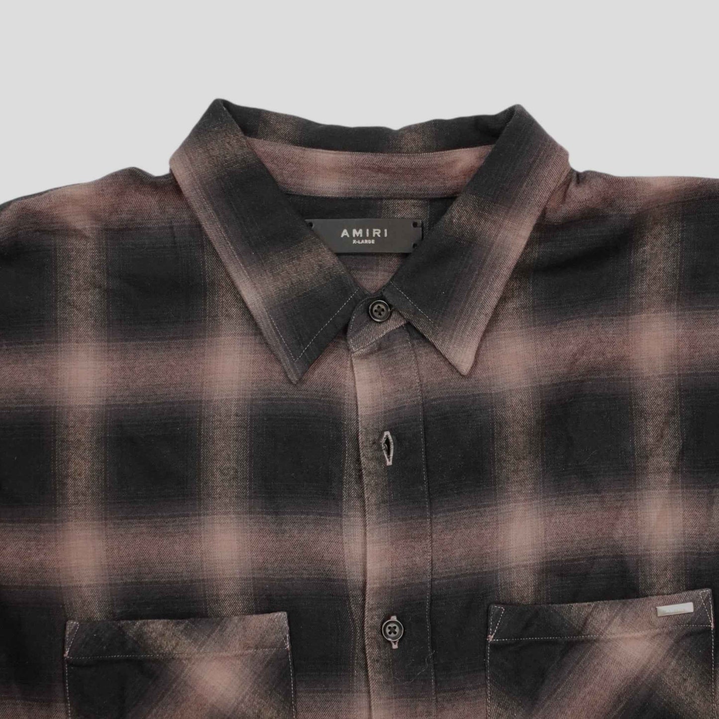 Amiri Distressed Plaid Button Up in Brown