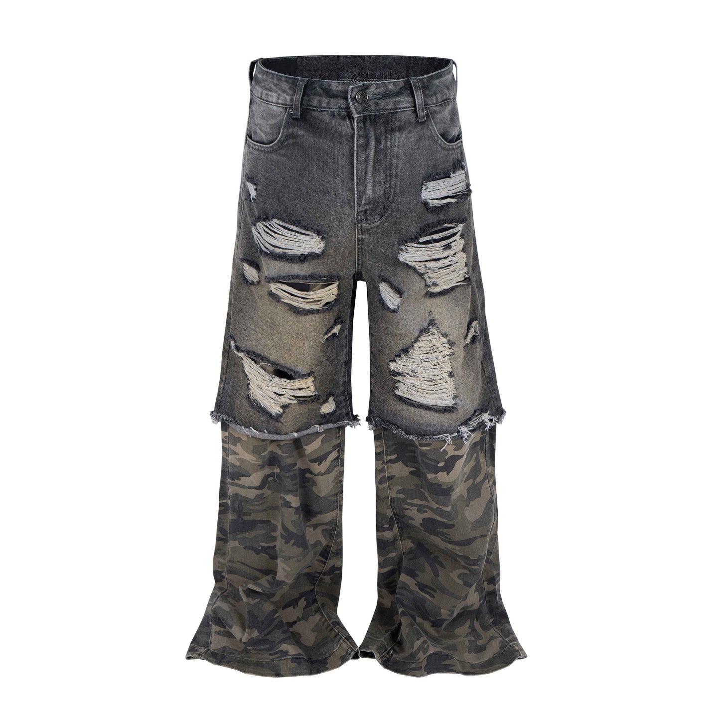 DISTRESSED SPLIT CAMO DENIM