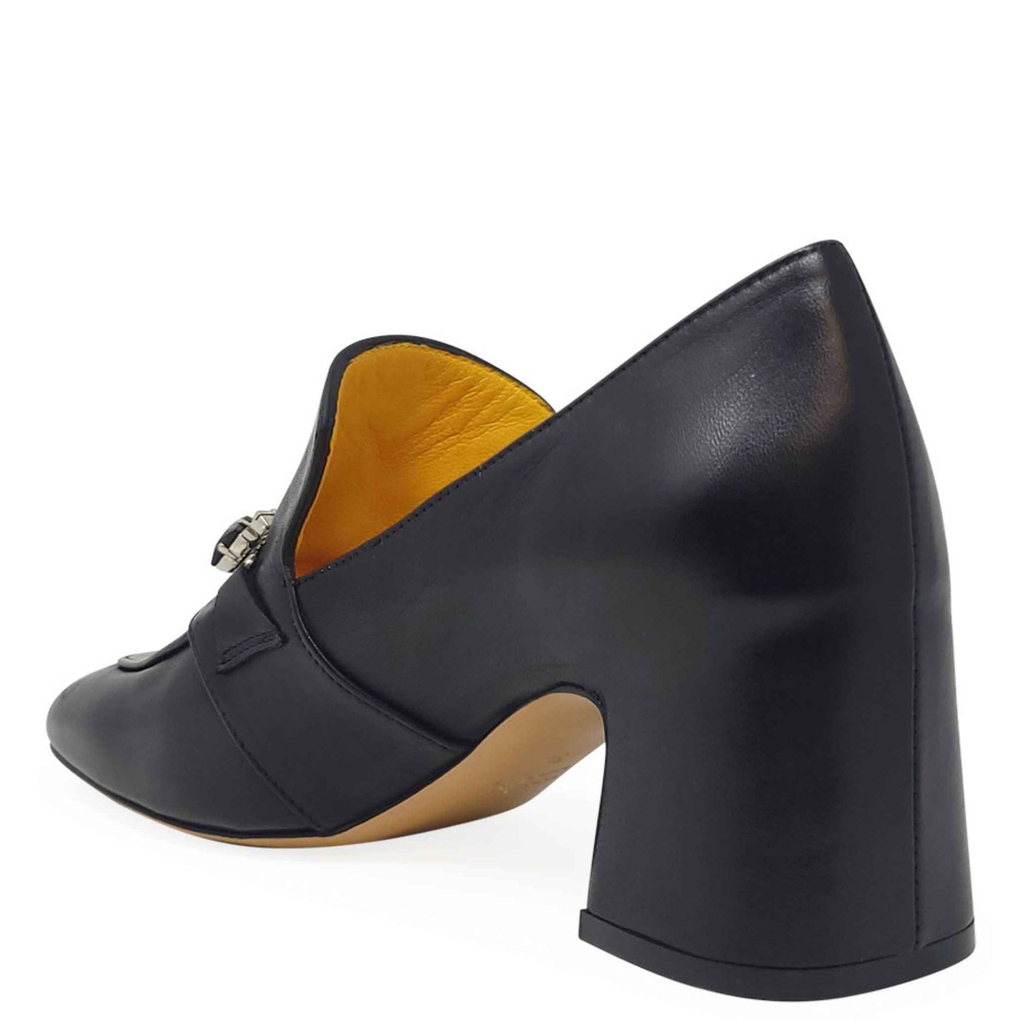 Black Leather Mid Heel Jeweled Loafer