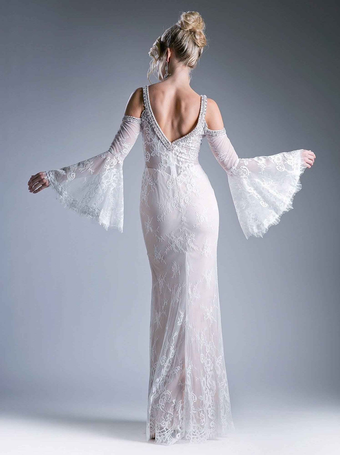 Cinderella Divine 13112 Cold Shoulder Long Sheath Dress Trumpet Bell Sleeves