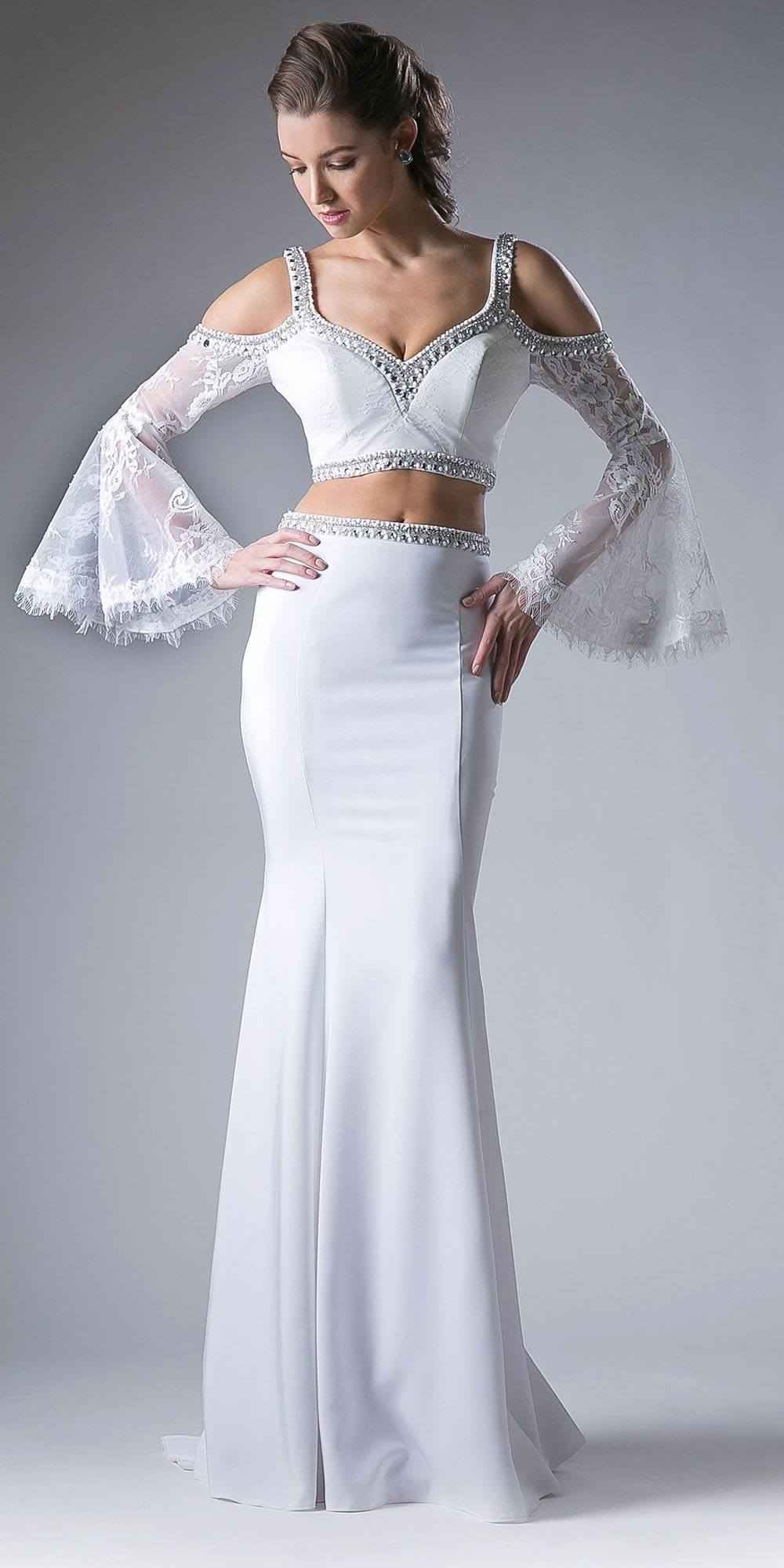 Cinderella Divine 13114 Two Piece Gown Cold Shoulder Trumpet Sleeves