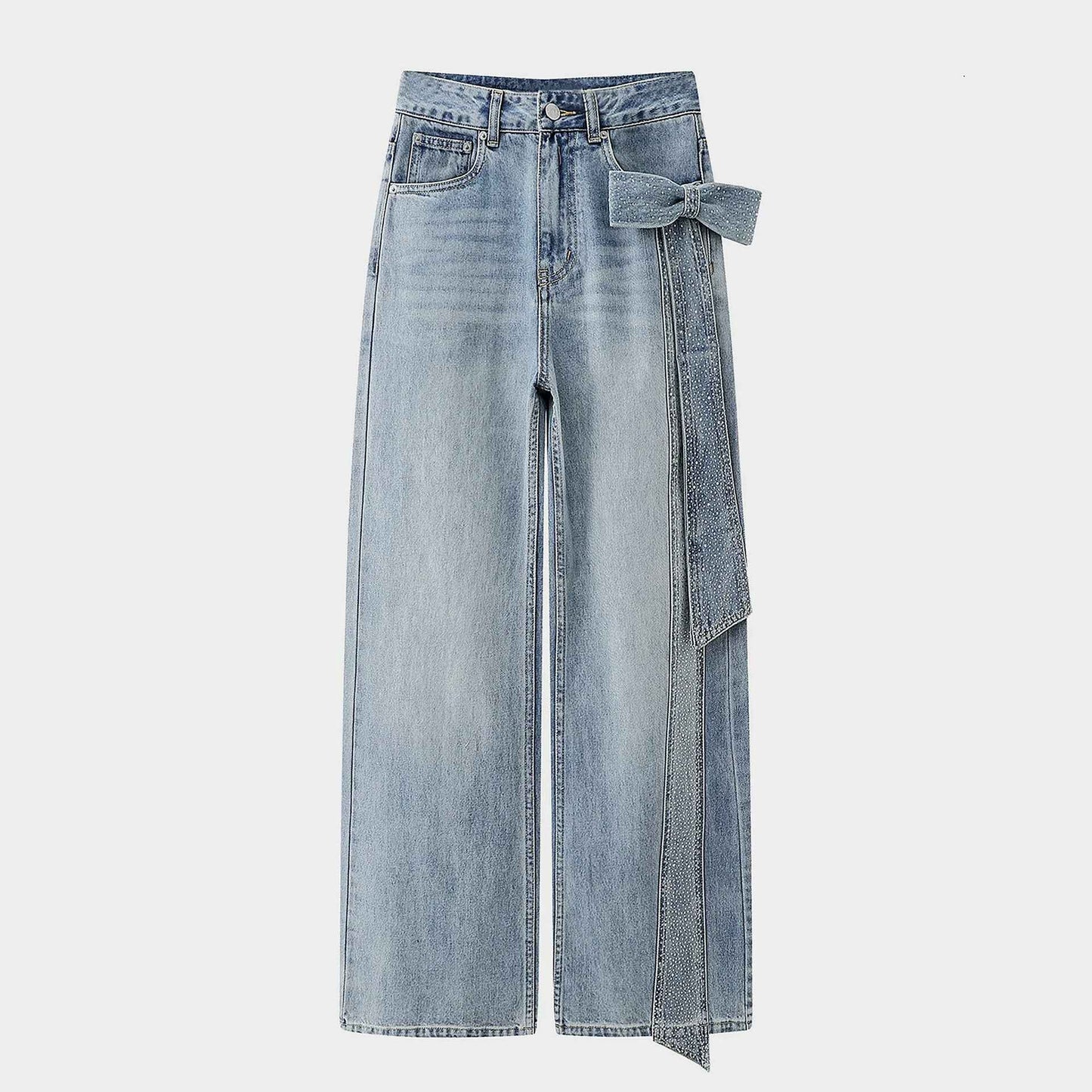 Fashion Heavy Rhinestone Side Bow Decorated Washed Denim Pants