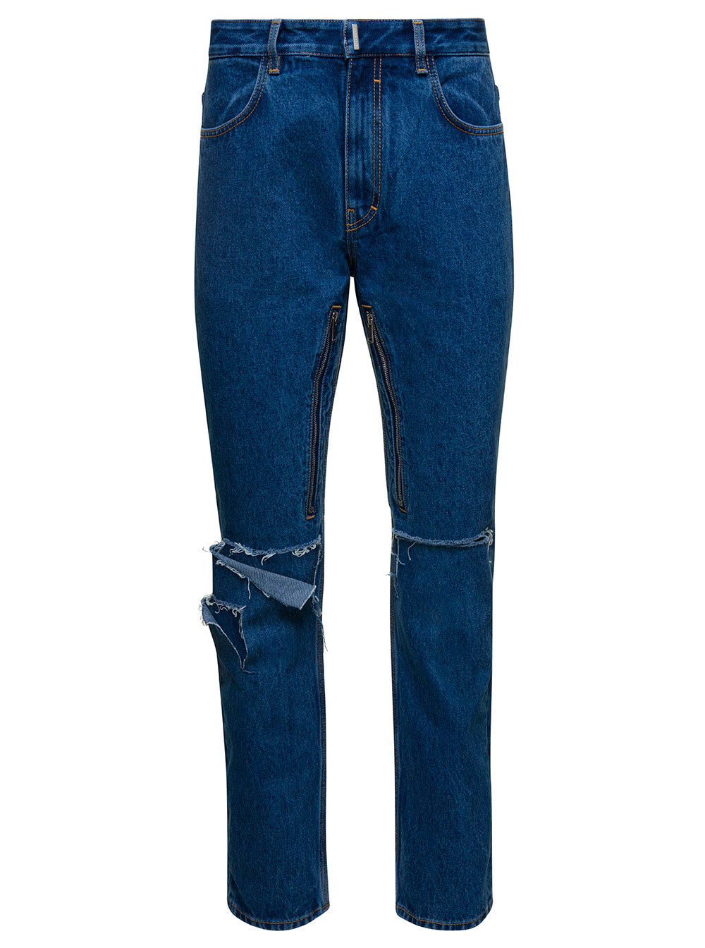 Givenchy Men Blue Jeans With Zip And Rips Details In Cotton Denim Man
