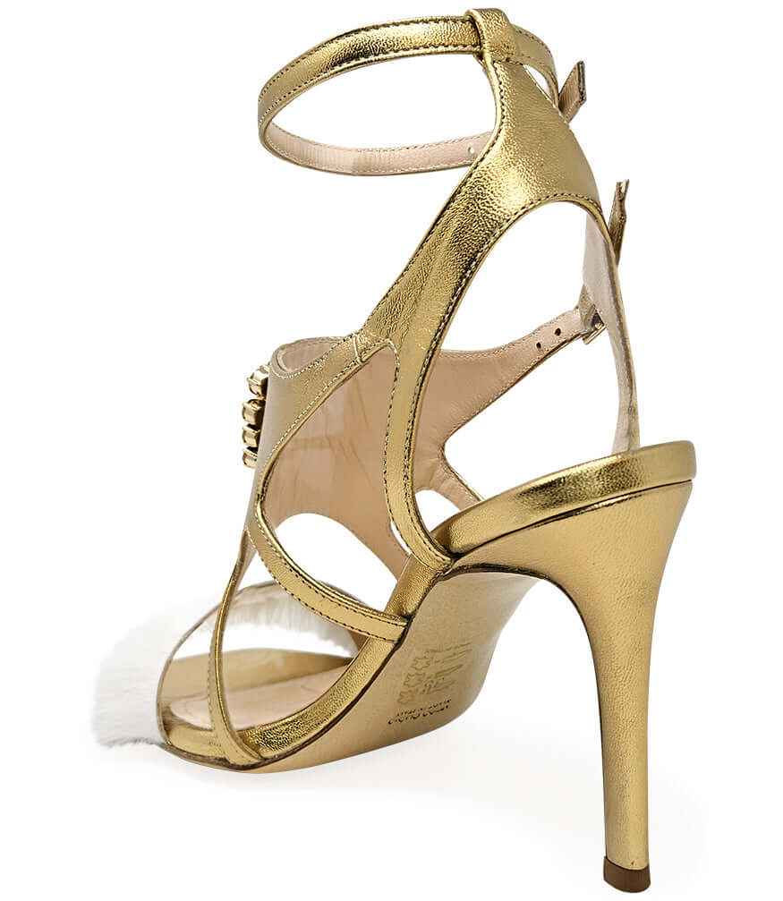 Gold Leather Open Toe Feather Pump