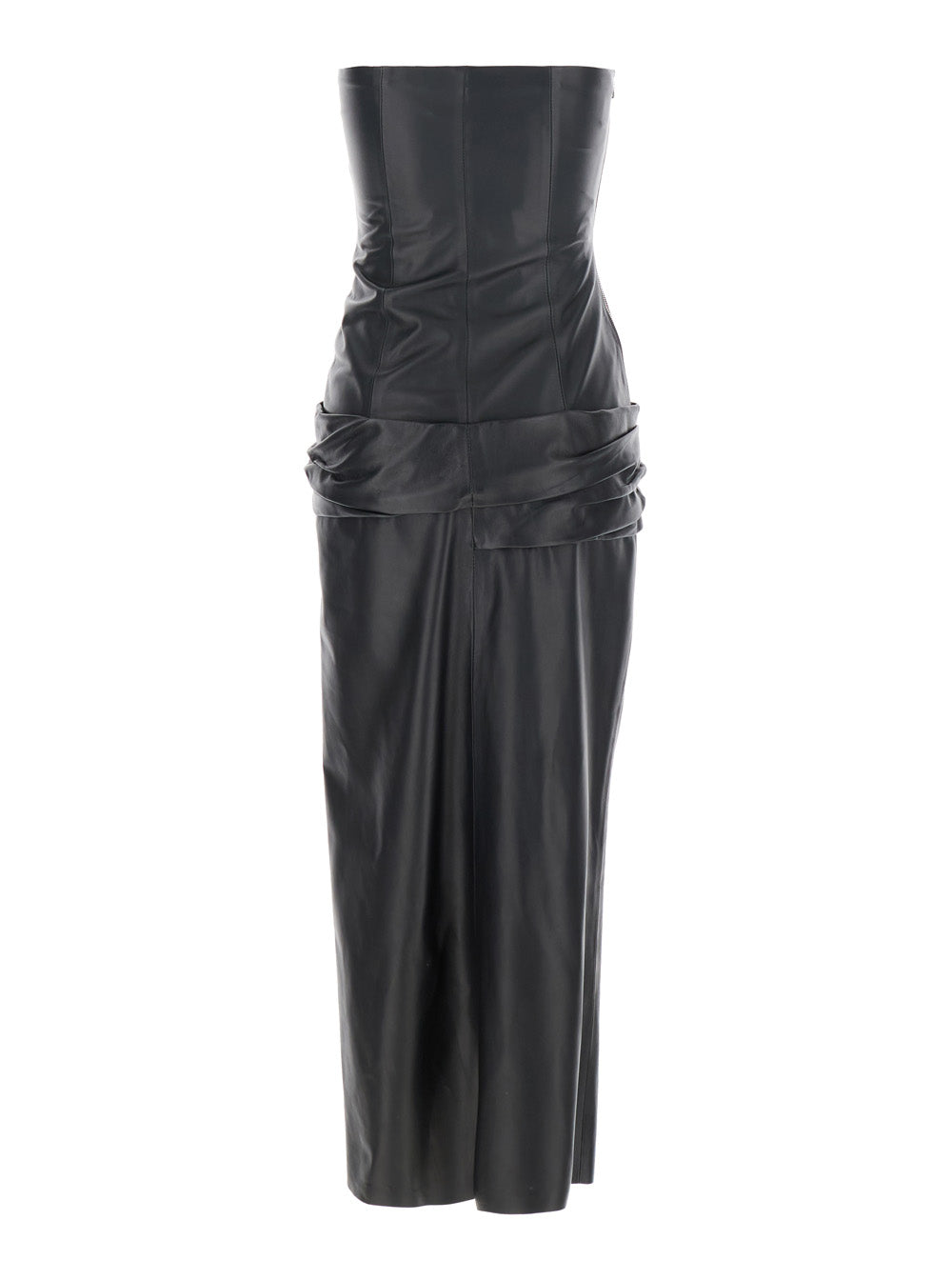 The Attico Women Black Sleeveless Off-Shoulder Midi Dress With Front Single Slit And Ruched Waist In Leather Woman