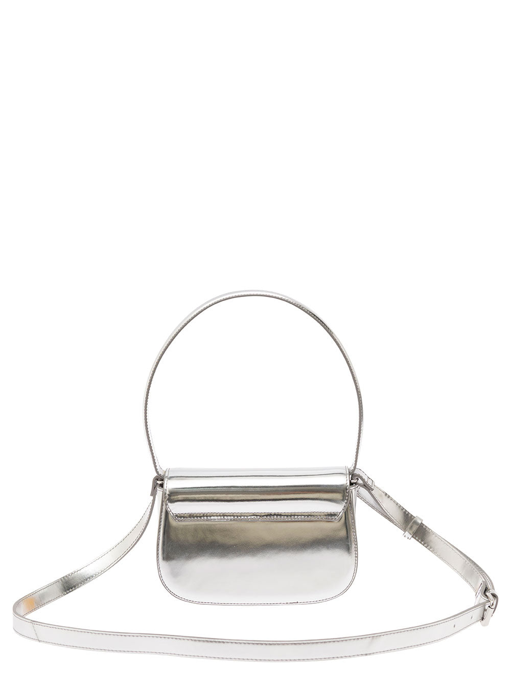 Diesel Women '1Dr' Silver Shoulder Bag With Oval D Patch In Laminated Leather For Women