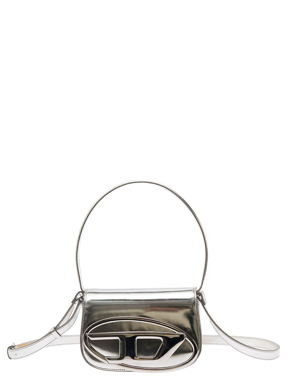 Diesel Women '1Dr' Silver Shoulder Bag With Oval D Patch In Laminated Leather For Women