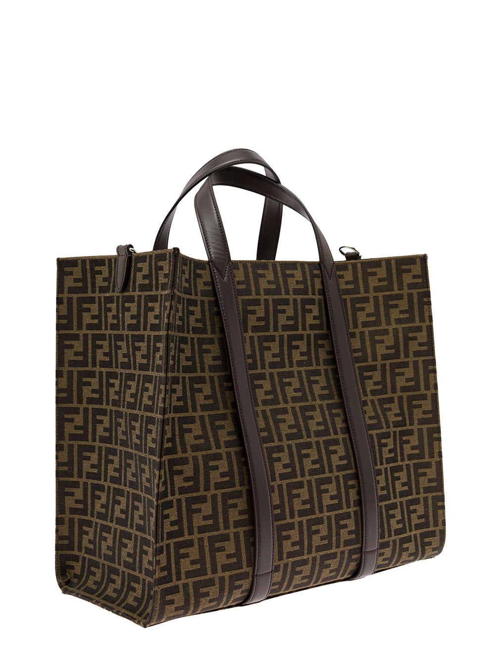 Fendi Men Brown And Beige Tote Bag With Ff Jacquard Motif In Cotton Blend Man