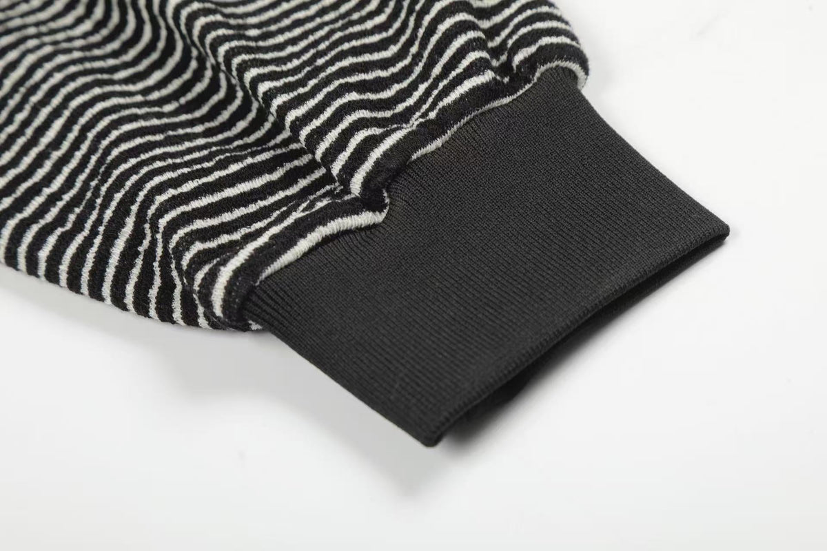 Studded Bear Ear Striped Zip-Up Hoodie