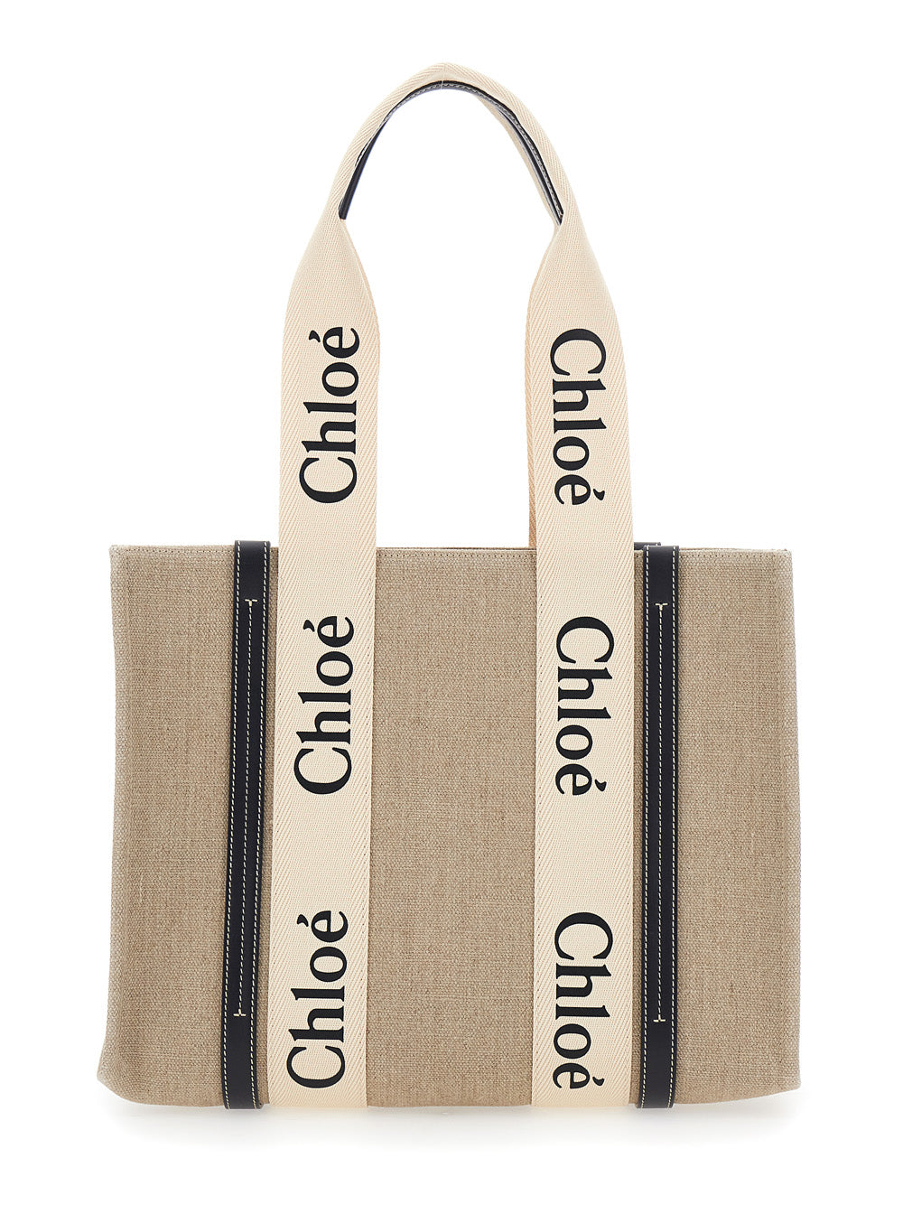 Chloé Women Handbag 'Medium Woody' With Logo Lettering On The Front In Beige Linen For Women