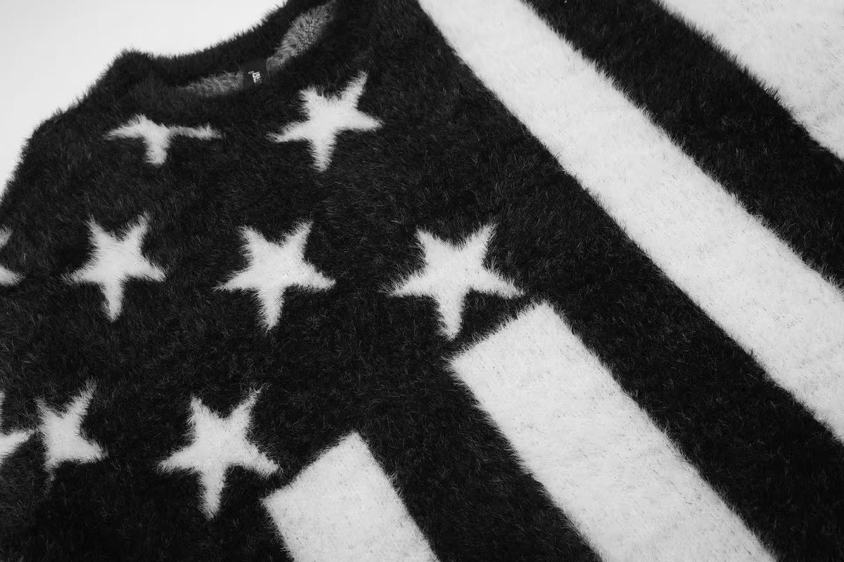Black White Star & Striper Fuzzy Knit Sweater
