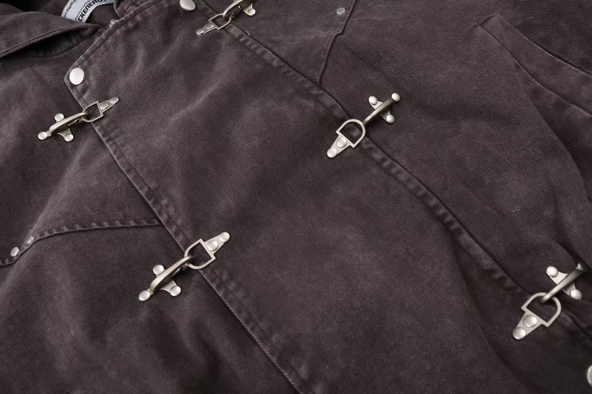 Washed Vintage Metal Buckle Hooded Cropped Jacket