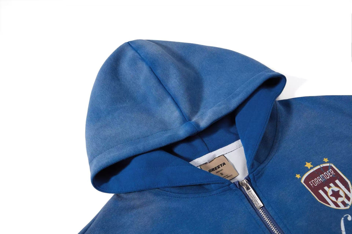 Vintage Washed Distressed Crest Embroidered Letter Print Zip Up Hoodie