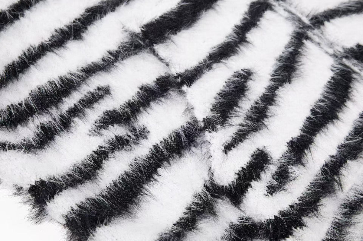 Zebra Stripe Fuzzy Zip Up Hooded