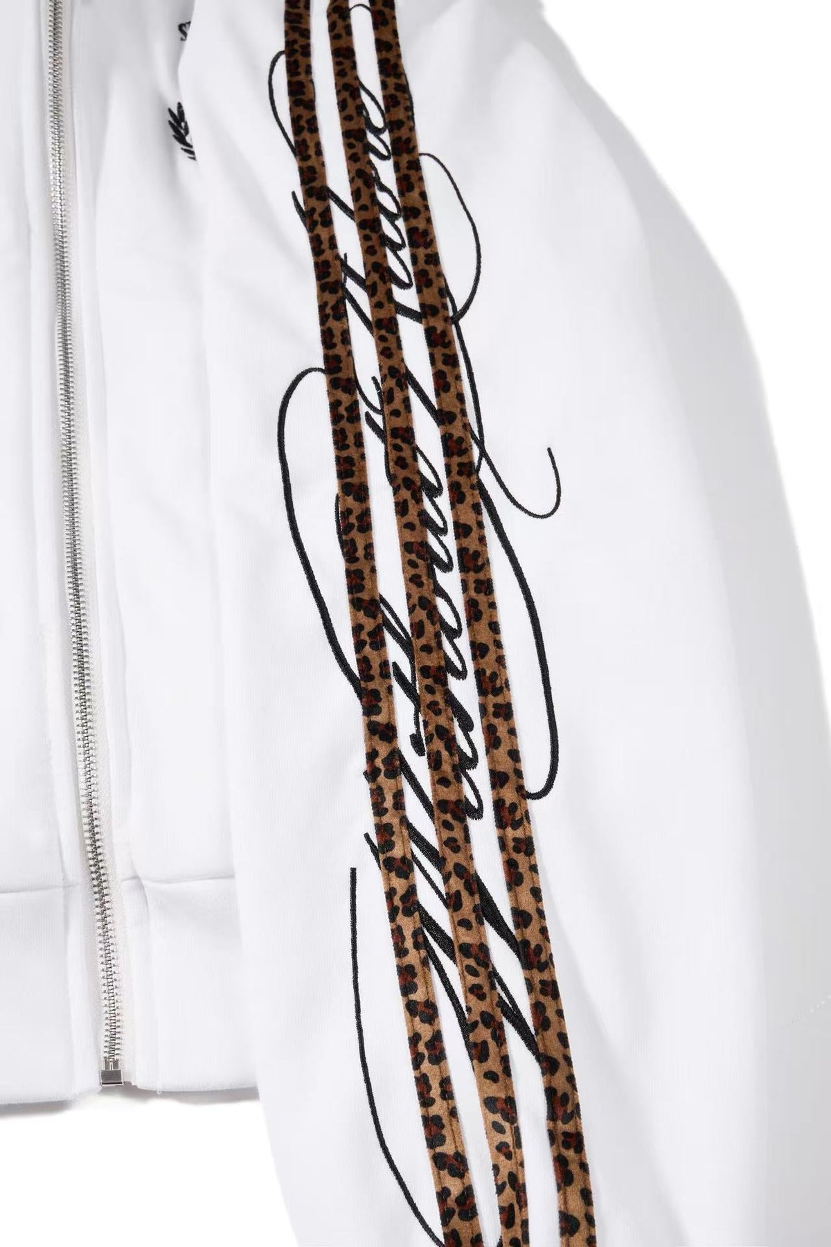 Cropped Crest Embroidered Leopard Striped Sleeve Varsity Zip Up Hooded Jacket