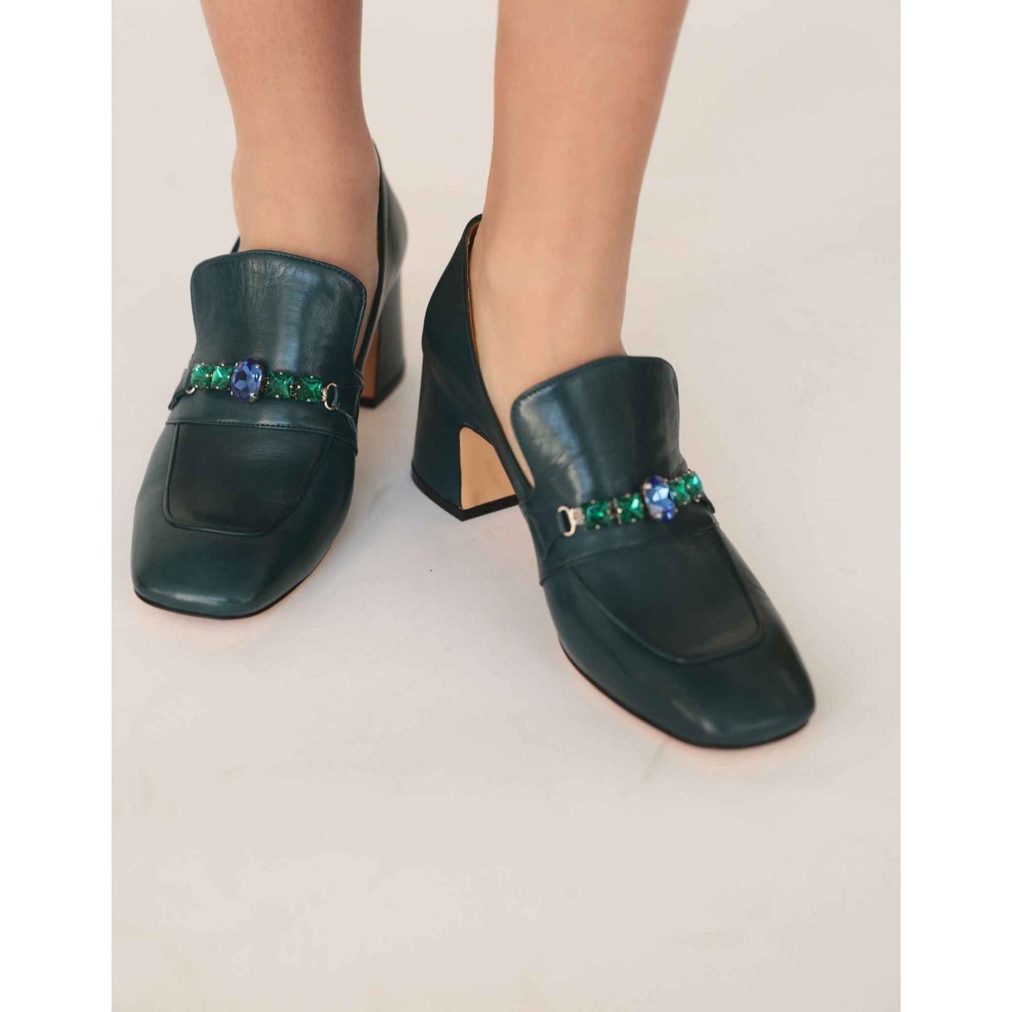 Black Leather Mid Heel Jeweled Loafer