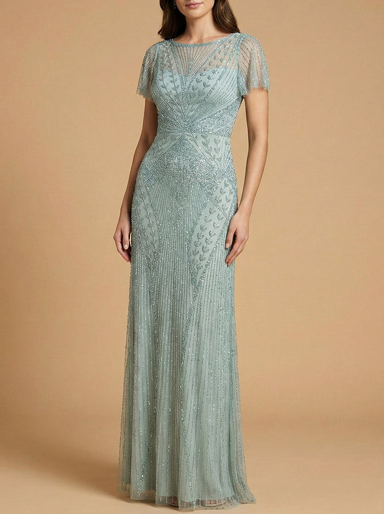 Lara 28856 - Beaded Flutter Sleeve Gown - JUSTLUXURY