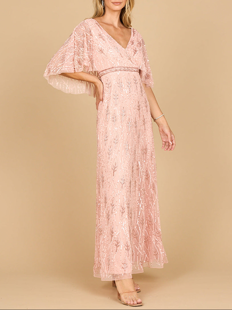 Beaded Gown with Half Cape - JUSTLUXURY