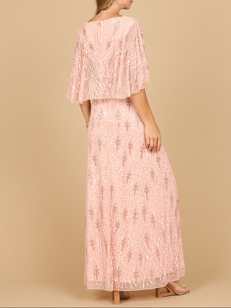 Beaded Gown with Half Cape - JUSTLUXURY