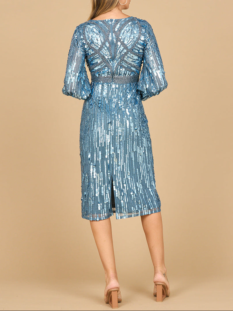 Lara 28855 - Beaded A-line Midi Dress with Long Sleeves - JUSTLUXURY