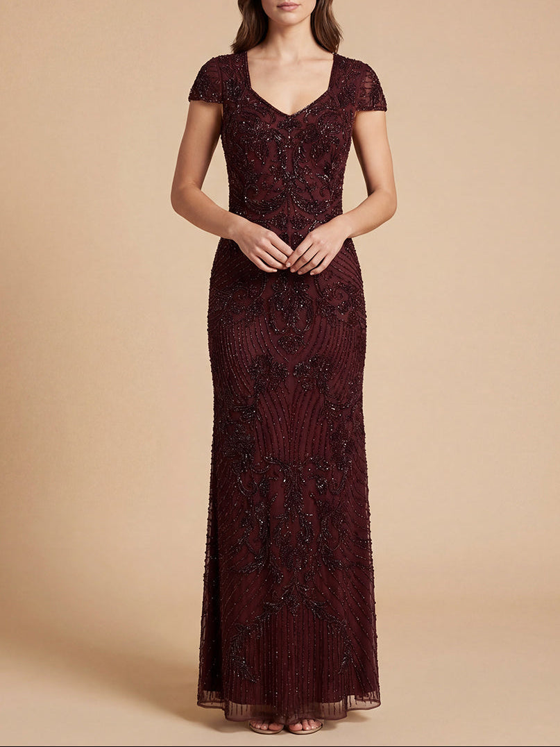 Beaded Cap Sleeve Gown | Lara 28863 - JUSTLUXURY