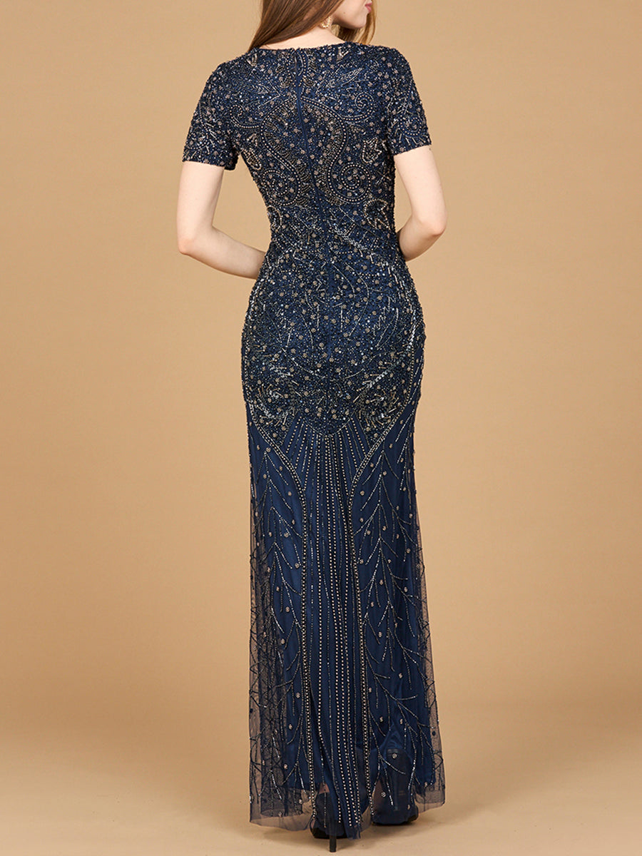 Short Sleeve Sheath Beaded Gown - JUSTLUXURY