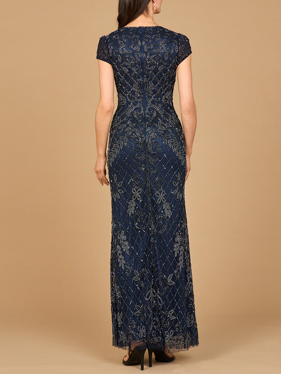 Cap Sleeve Mermaid Beaded Gown - JUSTLUXURY