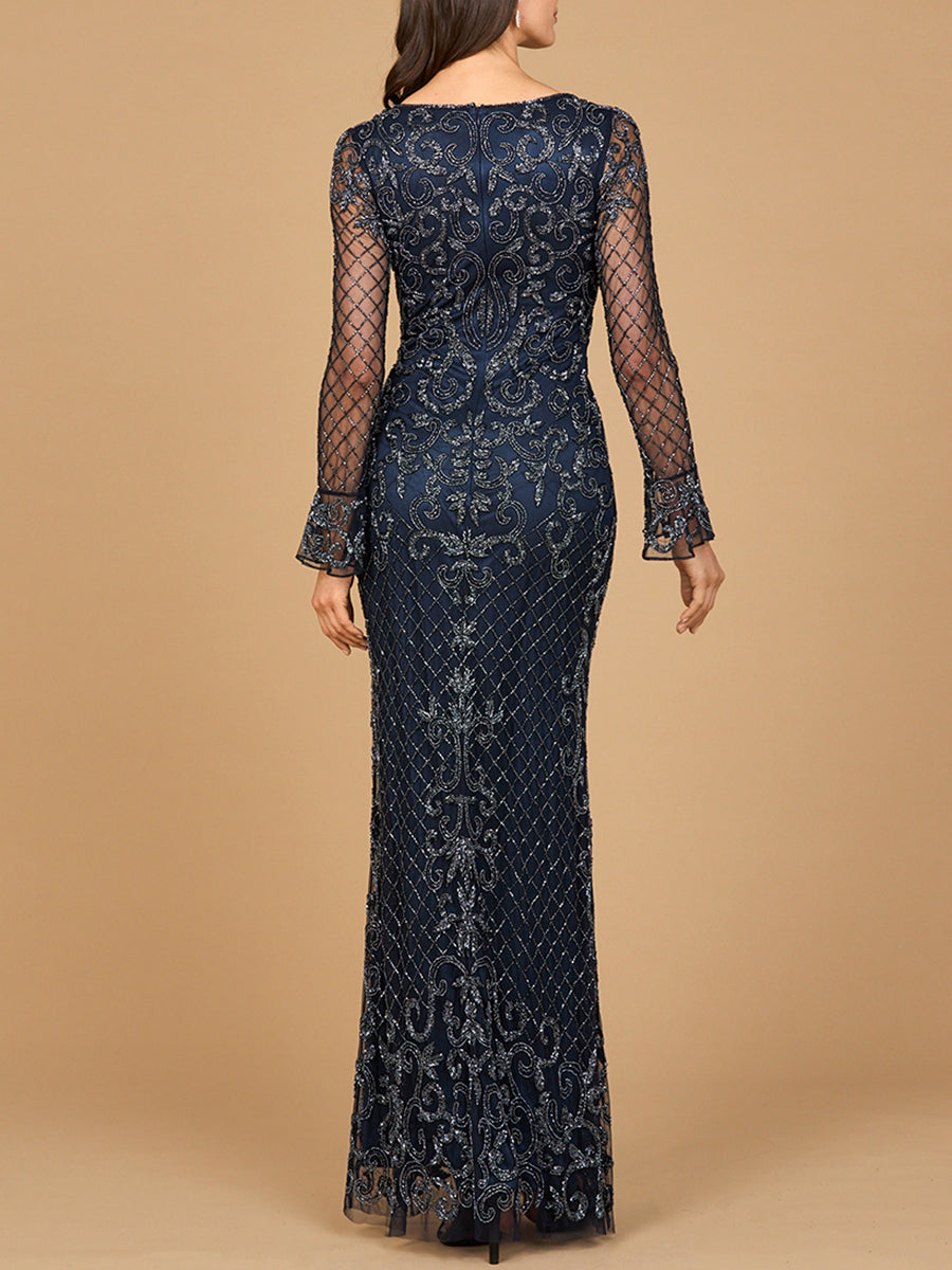 Beaded Long Sleeve V-neck Gown - JUSTLUXURY