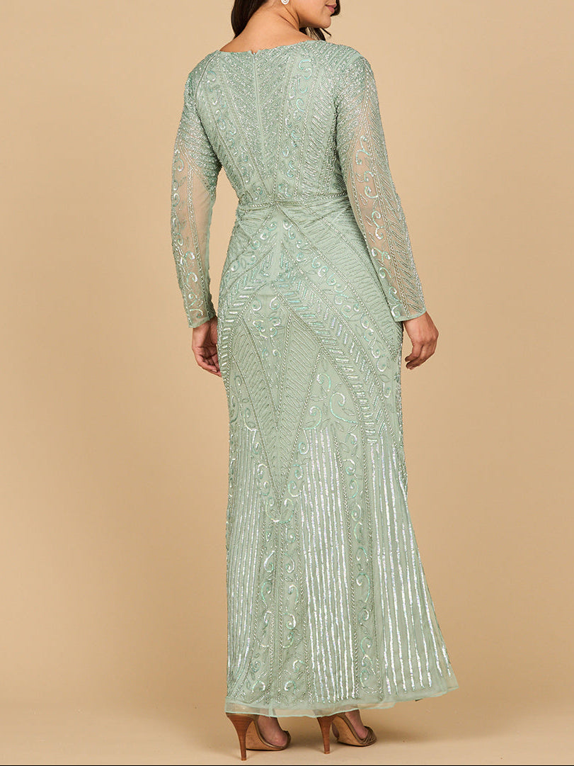 Lara 28875- Long Sleeve Geometric Beaded Gown - JUSTLUXURY