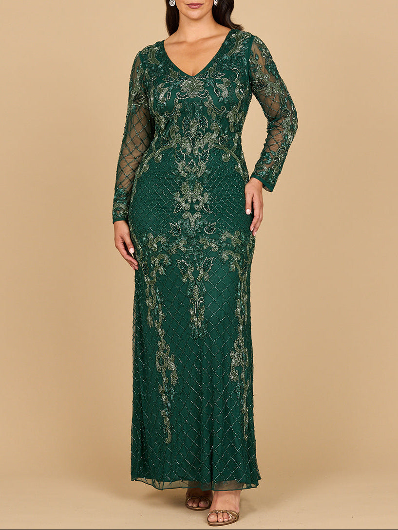 Lara 28877- Long Sleeve Contrast Beaded Gown - JUSTLUXURY