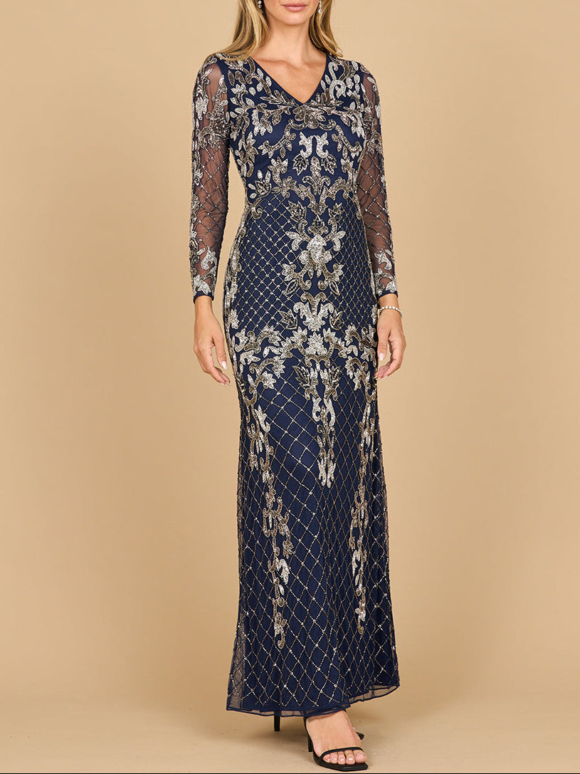 Lara 28877- Long Sleeve Contrast Beaded Gown - JUSTLUXURY