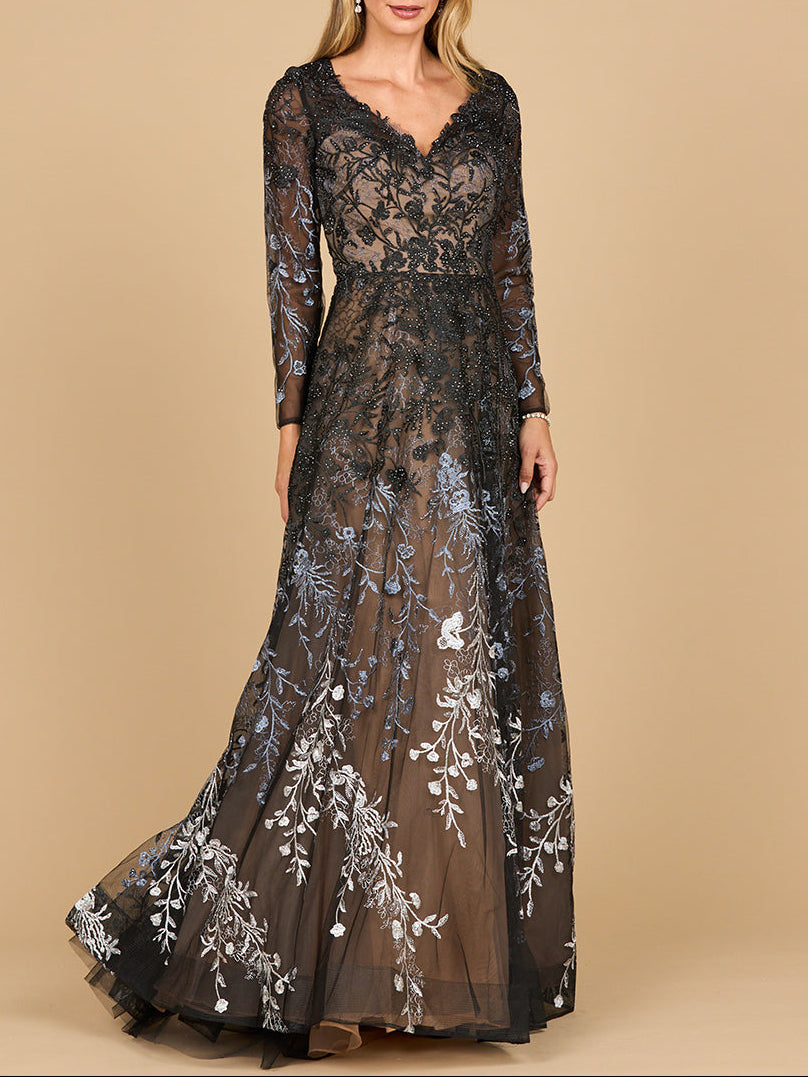 Lara 28878- Long Sleeve V-Neck Ombre Lace Gown - JUSTLUXURY