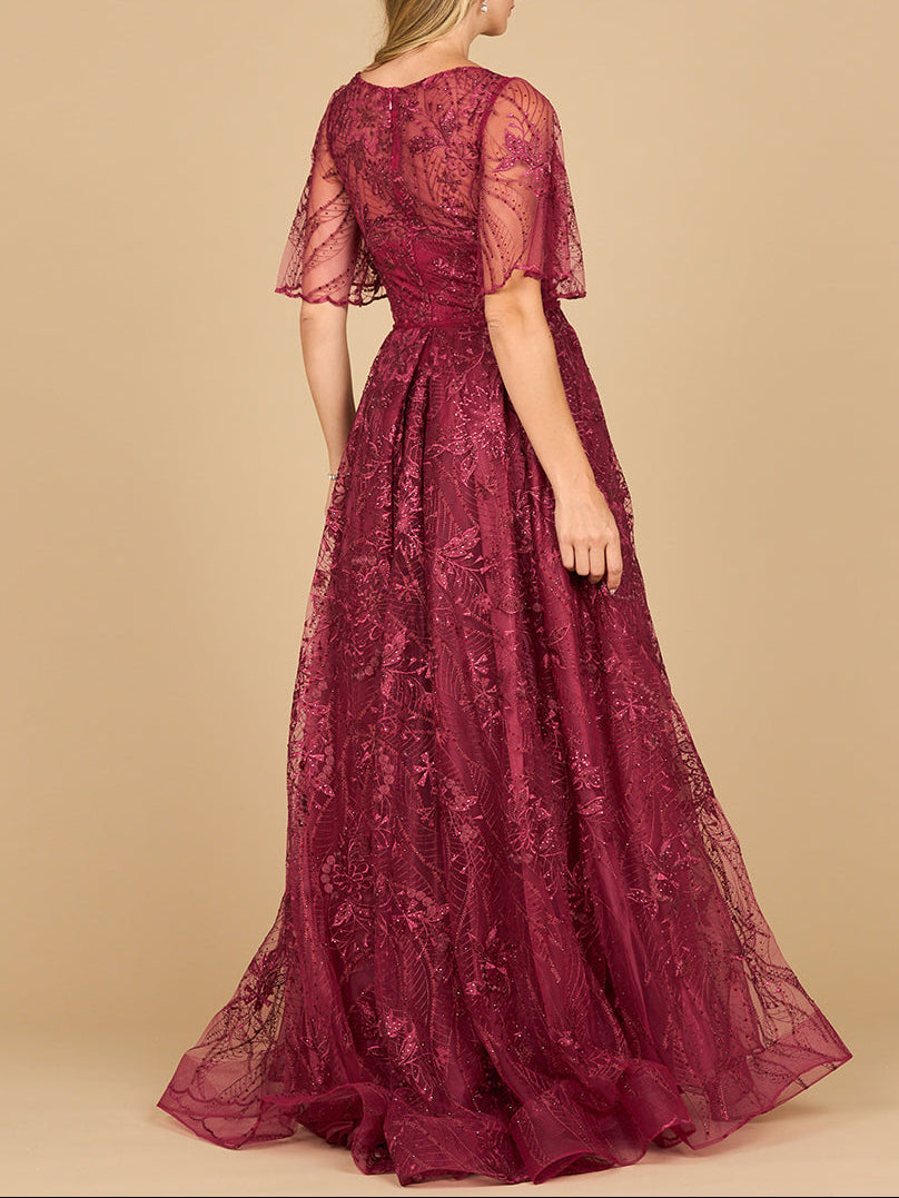 Lara 28880- Overskirt Lace Fitted V-Neck Gown with Cape Sleeves - JUSTLUXURY