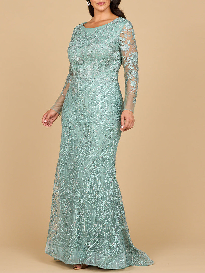 Long Sleeve Gown with Overskirt & Illusion Neckline - JUSTLUXURY