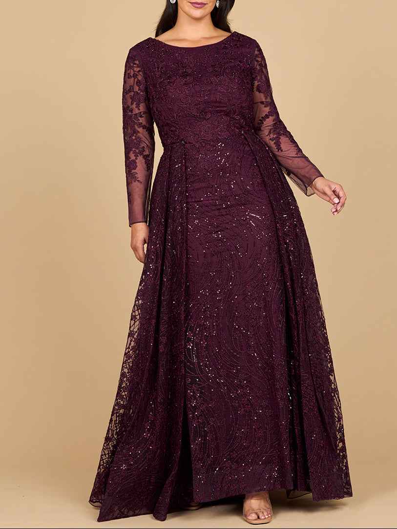 Long Sleeve Gown with Overskirt & Illusion Neckline - JUSTLUXURY
