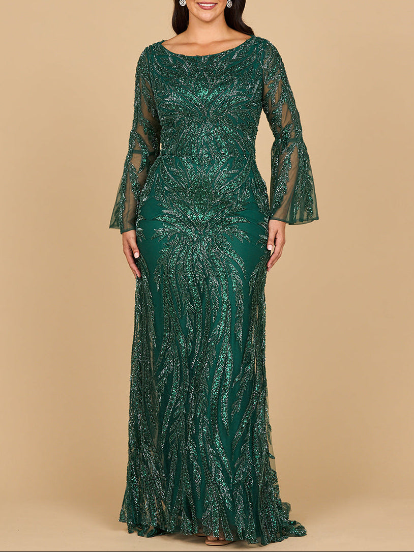 Lara 28887 - High Neck Beaded Dress with Bell Sleeves - JUSTLUXURY
