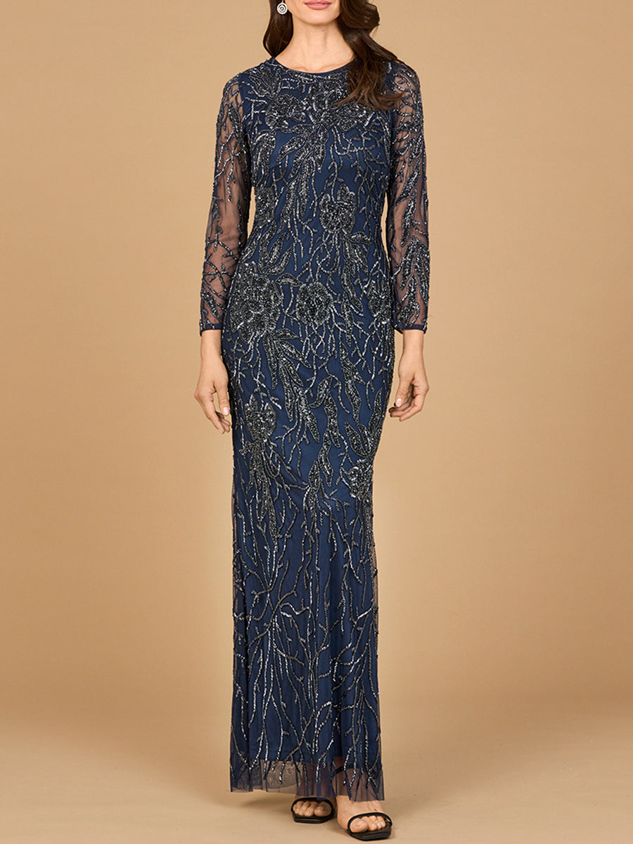 High Neck, Long Sleeve Beaded Gown | 28889 - JUSTLUXURY