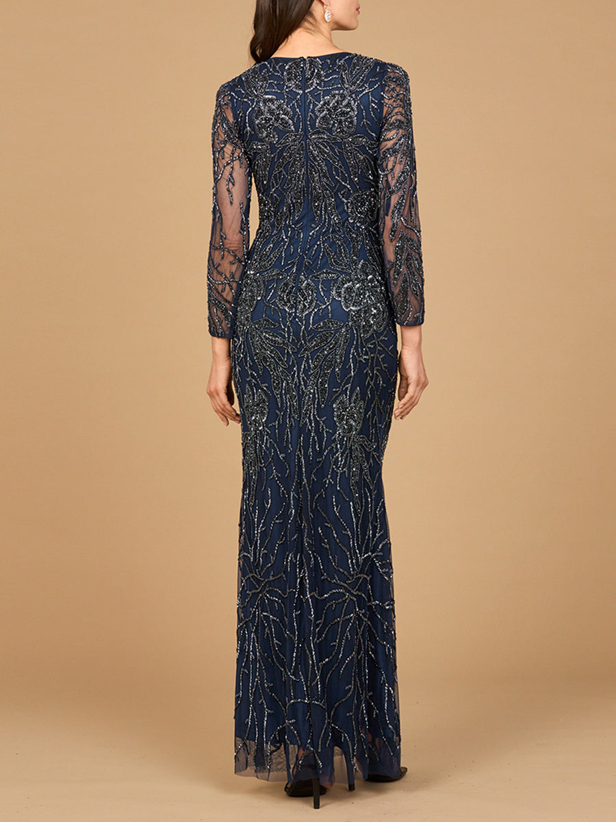 High Neck, Long Sleeve Beaded Gown | 28889 - JUSTLUXURY