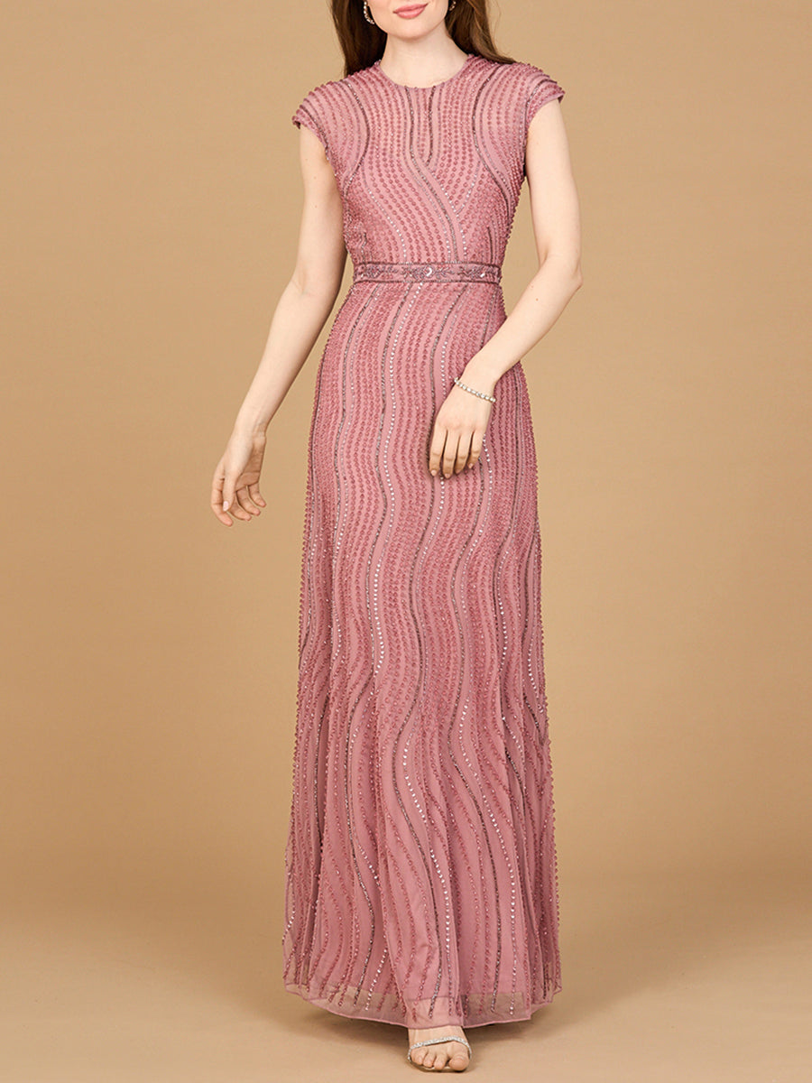 Cap Sleeve, Illusion Neck Beaded Gown - JUSTLUXURY