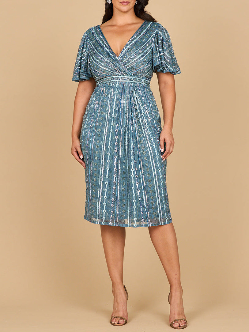 Beaded Midi Dress with Flutter Sleeves - JUSTLUXURY