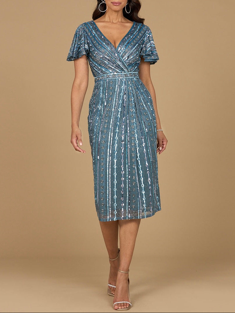 Beaded Midi Dress with Flutter Sleeves - JUSTLUXURY