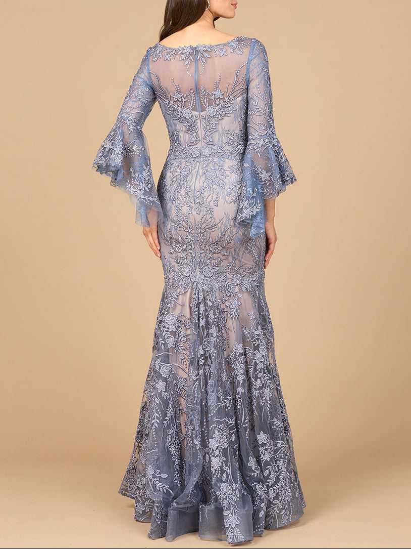 Illusion Neck, Long Bell Sleeve Gown - JUSTLUXURY