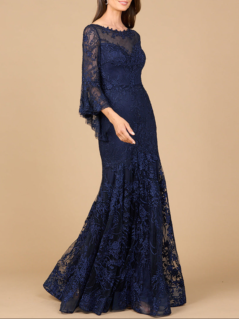 Illusion Neck, Long Bell Sleeve Gown - JUSTLUXURY