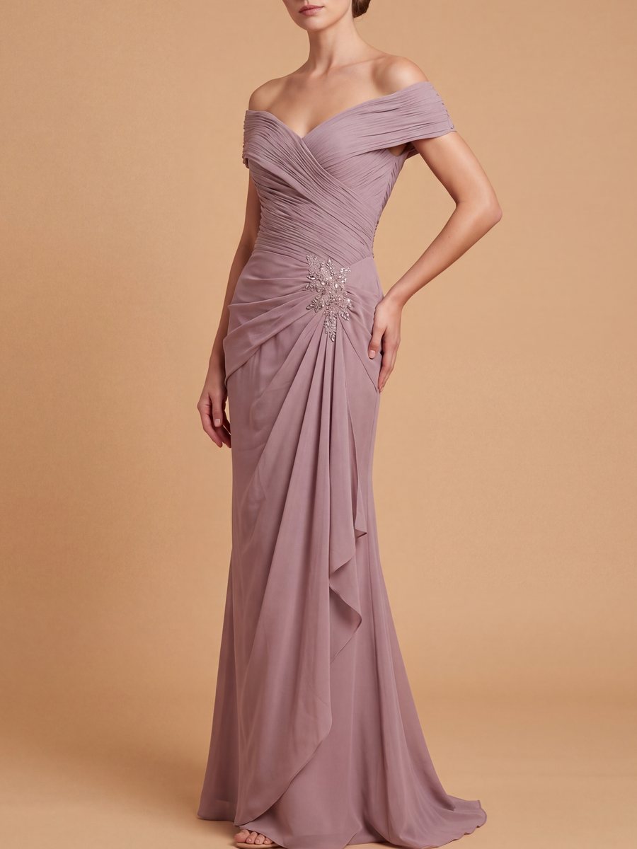 Off Shoulder Elegant Chiffon Gown - JUSTLUXURY