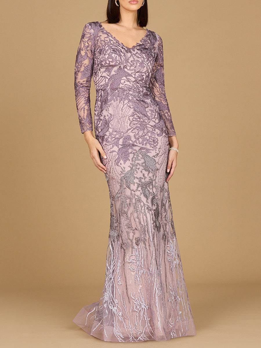 Long Sleeve V-Neck Mermaid Gown - JUSTLUXURY