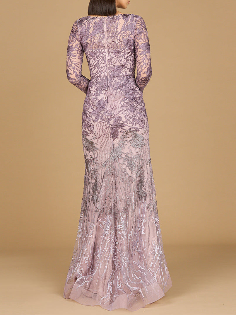 Long Sleeve V-Neck Mermaid Gown - JUSTLUXURY