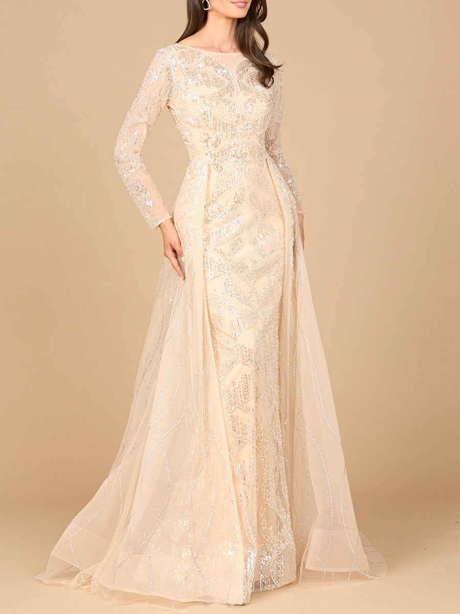 Long Sleeve Gown with Overskirt & High Neck - JUSTLUXURY